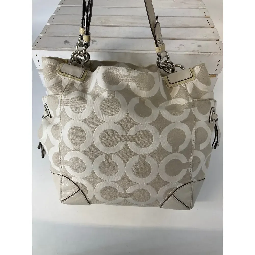 COACH 14578 LARGE IVORY, TAN SIGNATURE PRINT SHOULDER BAG